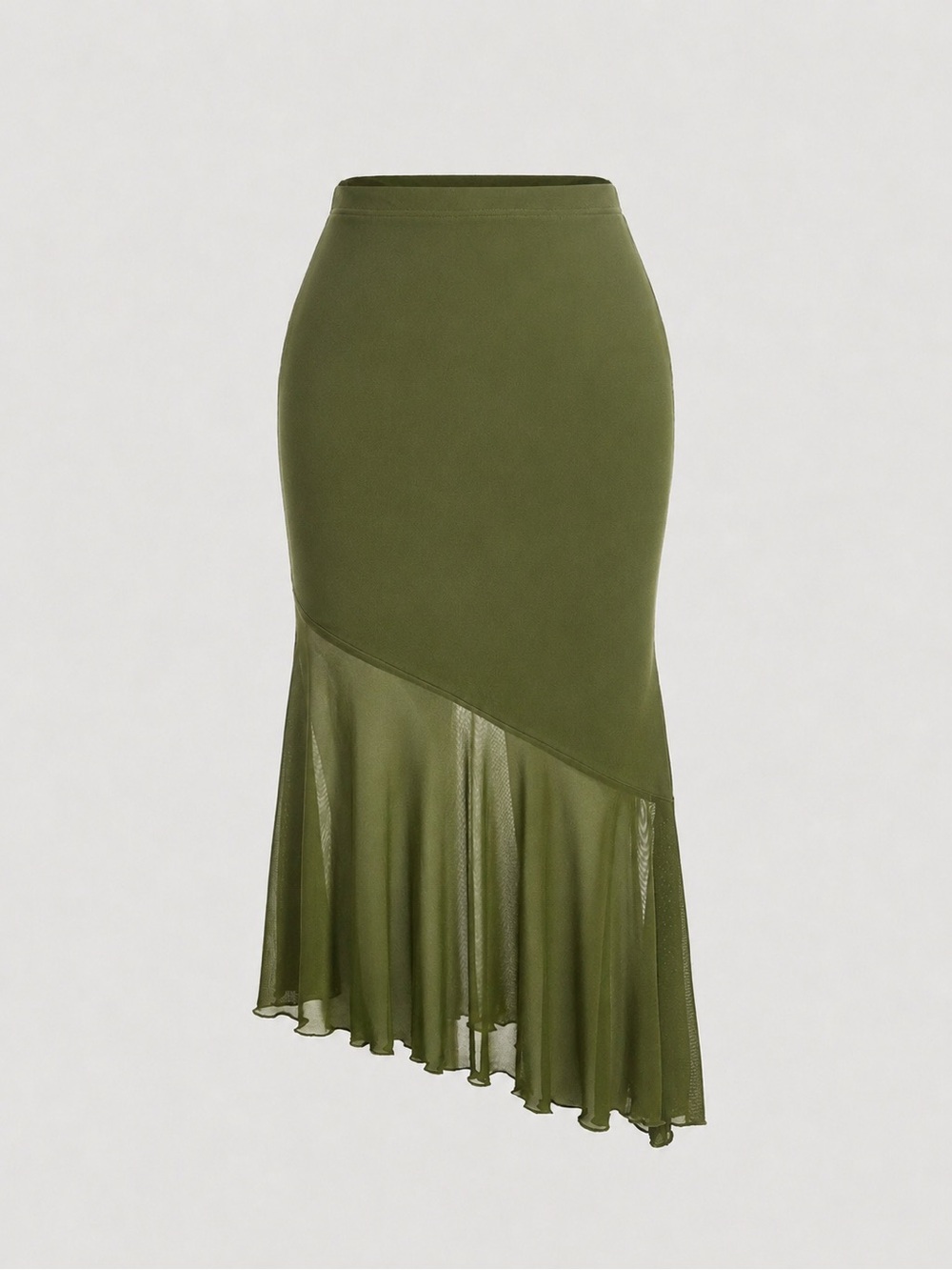 NEW - Olive Green Asymmetrical Mesh Hem Skirt